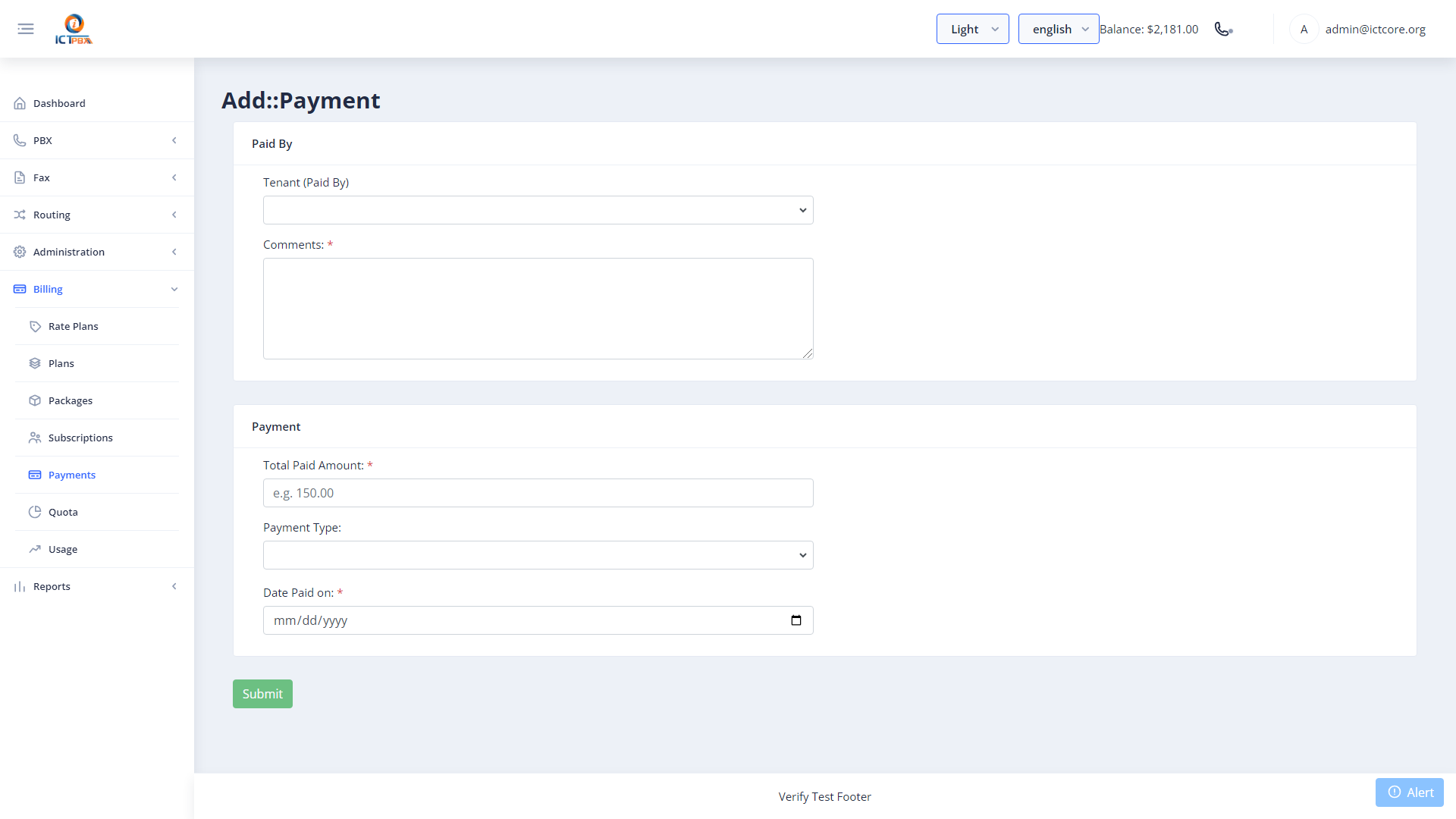 ICTPBX add credit payment form