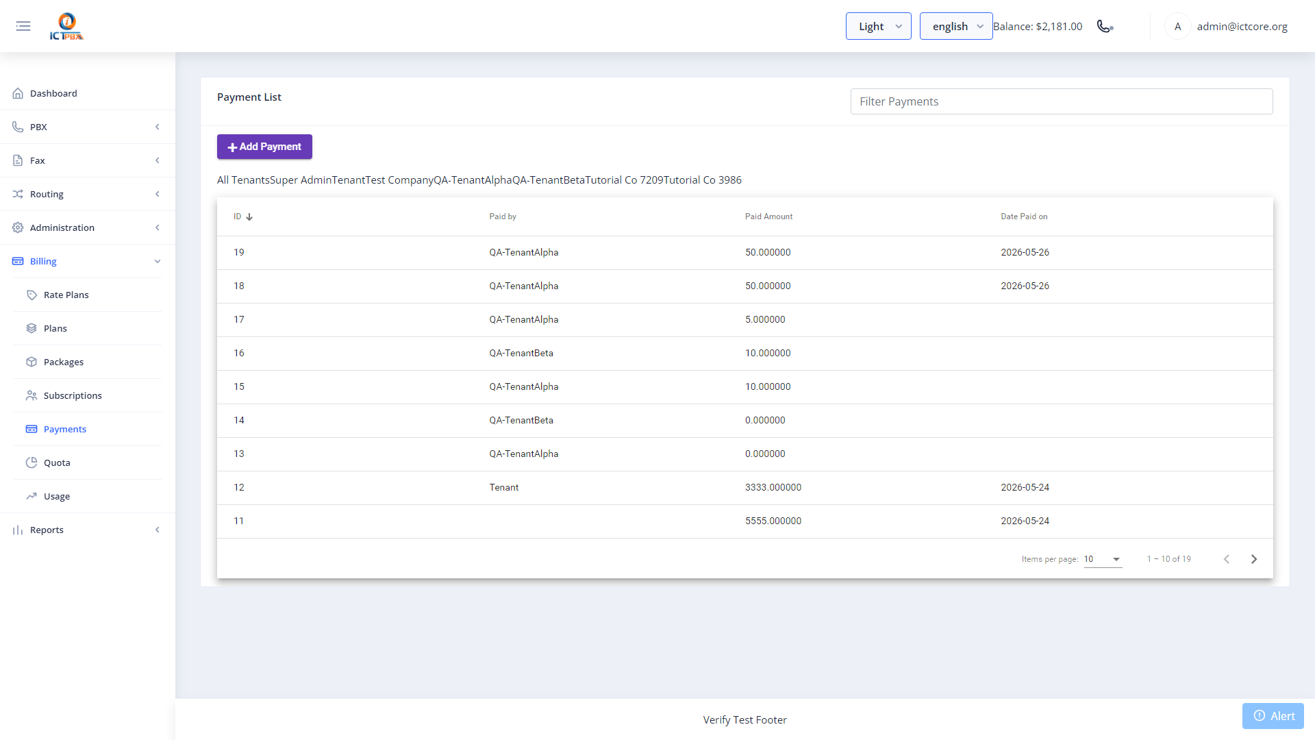 ICTPBX billing payments list