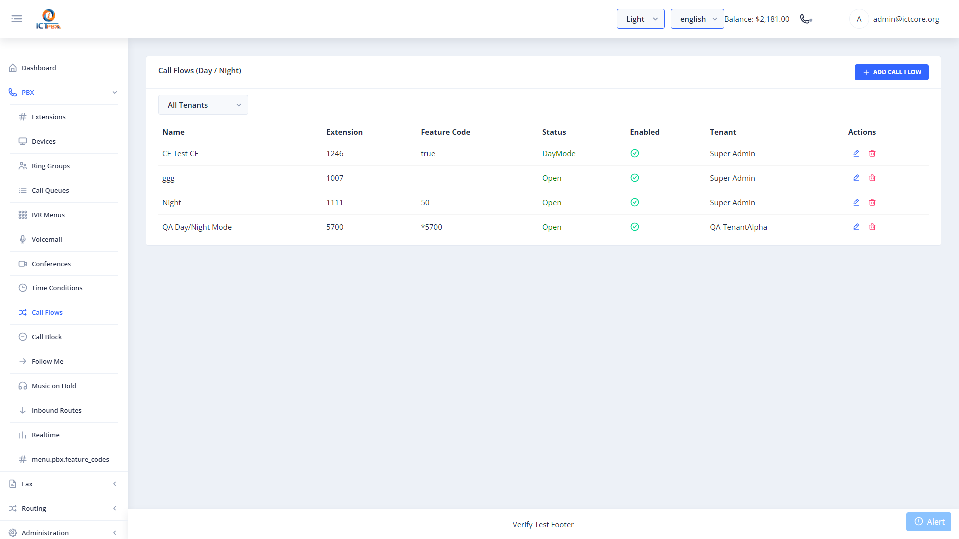 Call Flows List