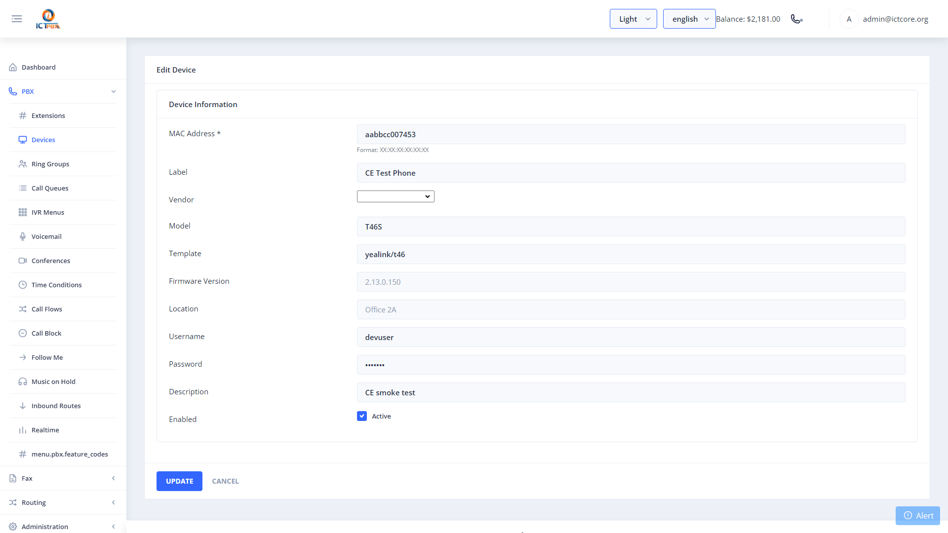 ICTPBX device edit form