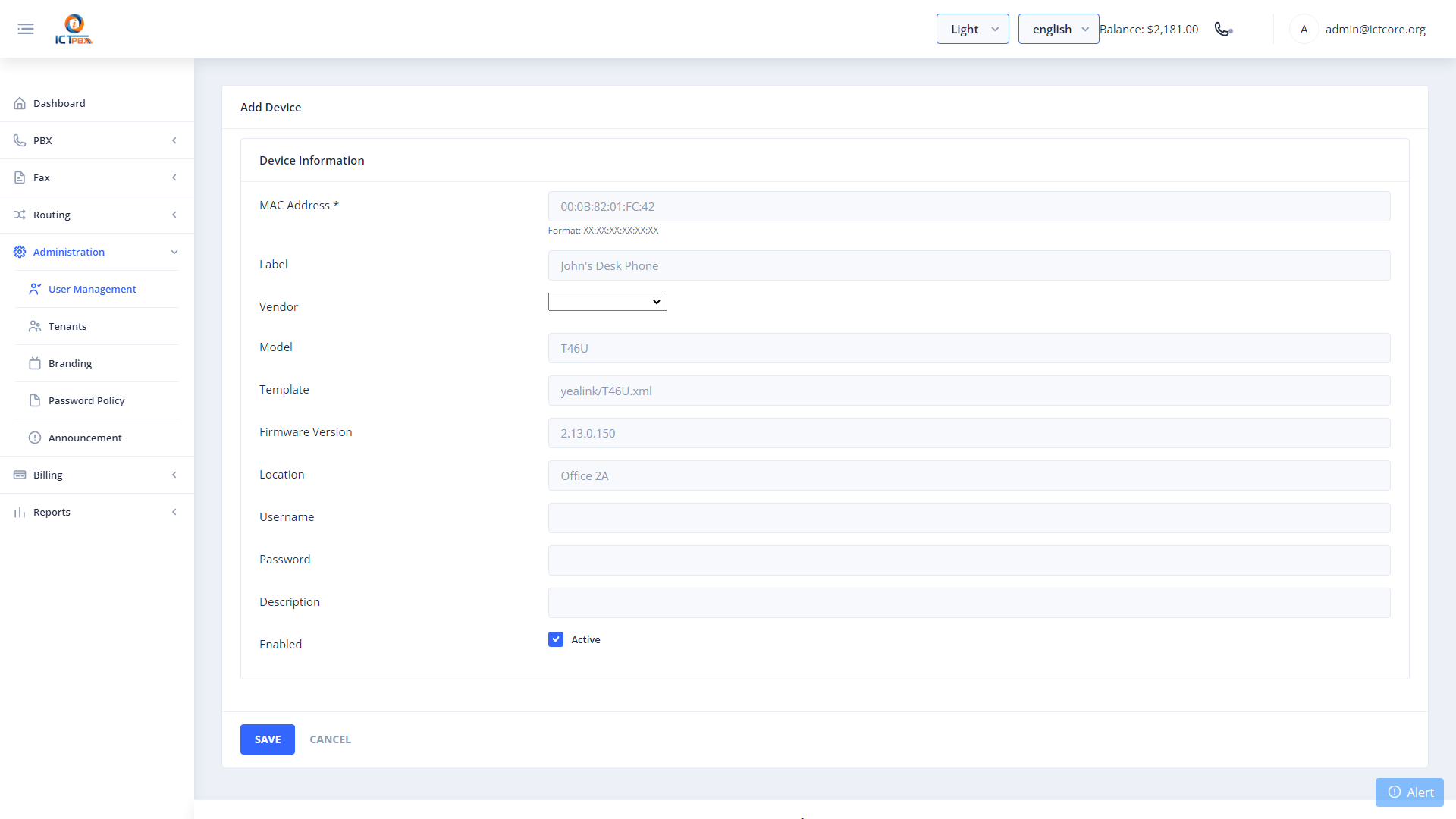 ICTPBX add device form