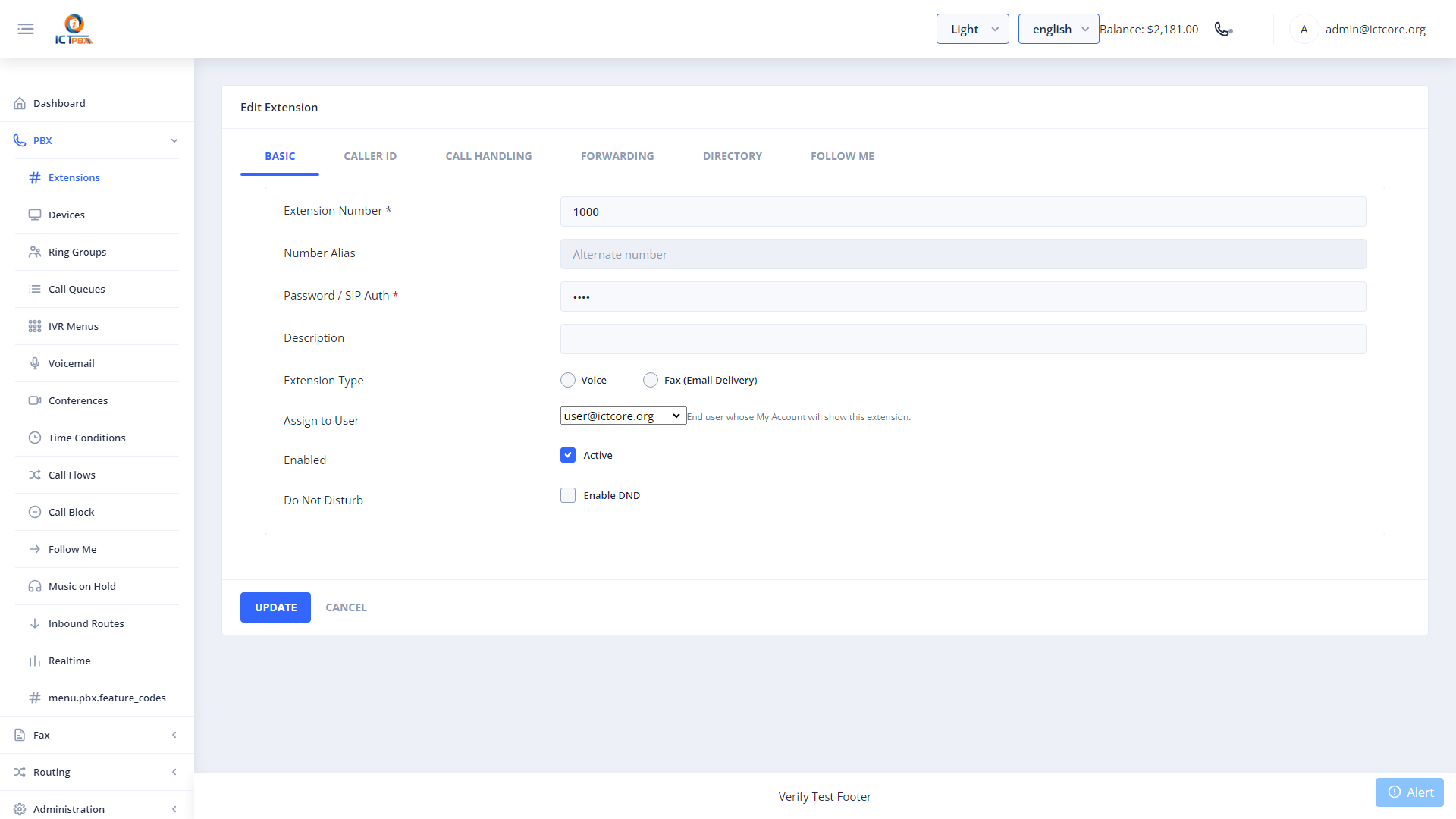 ICTPBX extension edit form