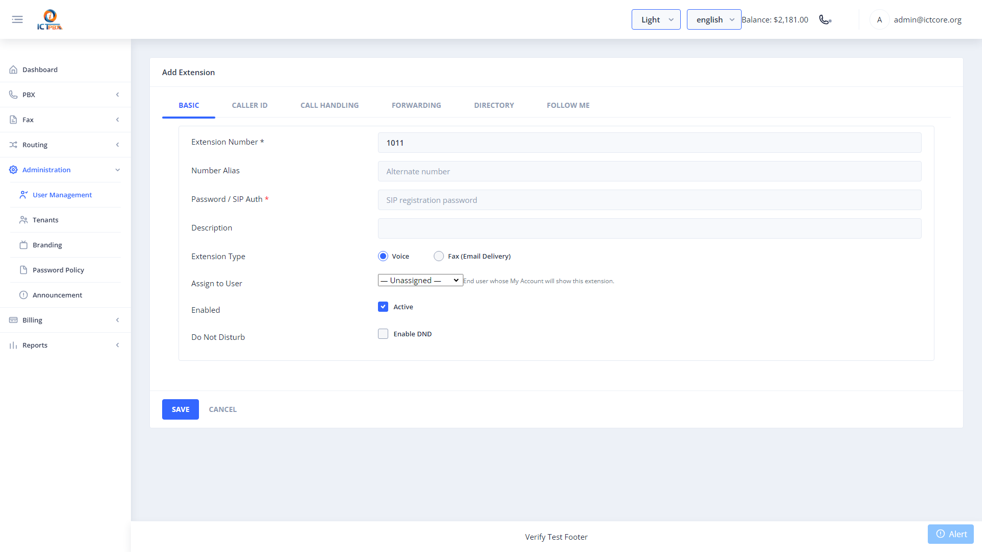 ICTPBX add extension form