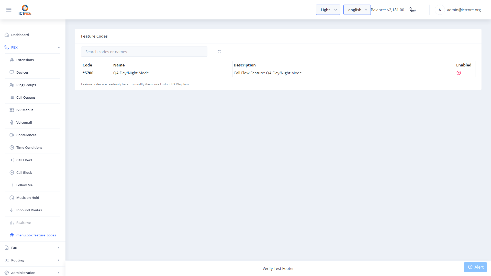 ICTPBX feature codes star code reference page