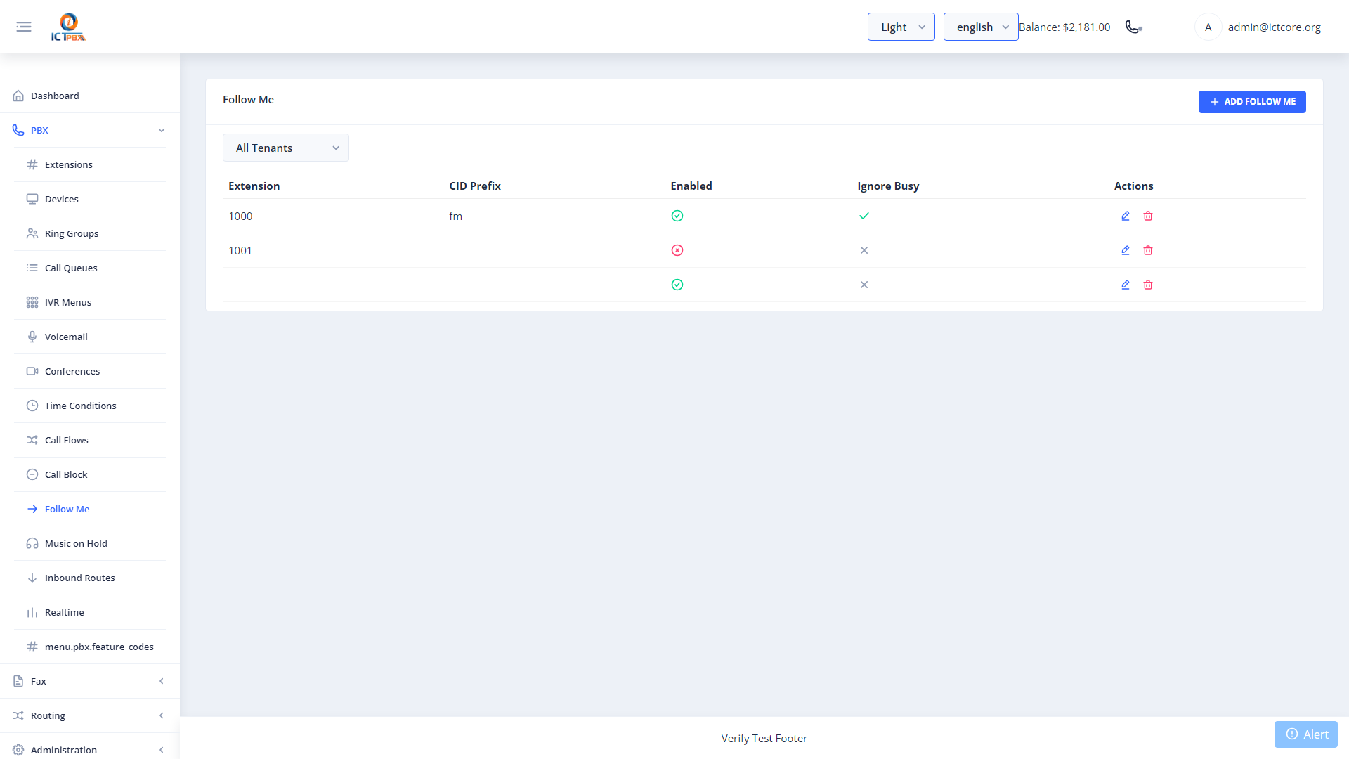 ICTPBX follow me forwarding rules list