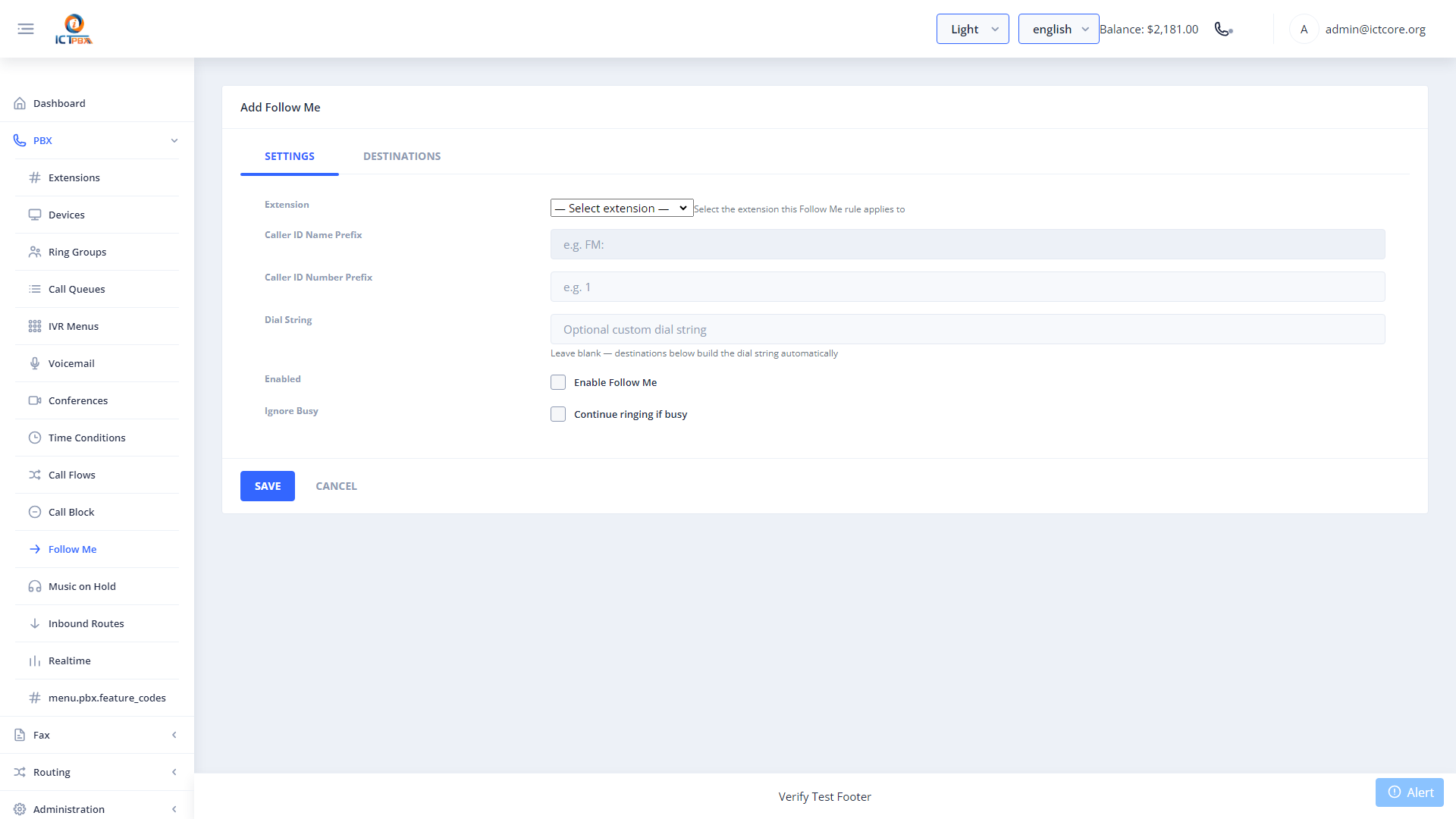 ICTPBX add follow me destination form