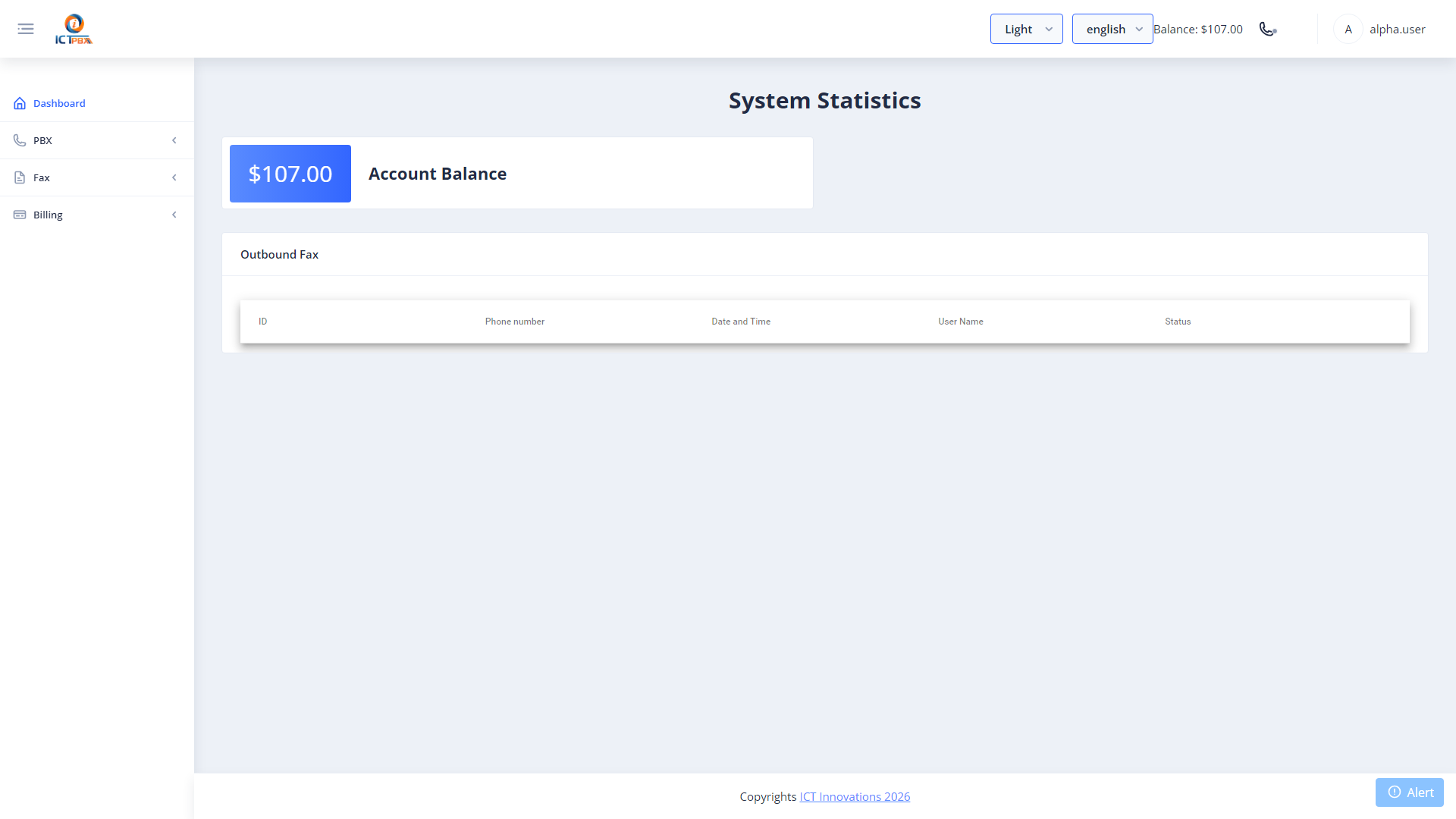 ICTPBX Tenant Admin menu showing permission-filtered navigation