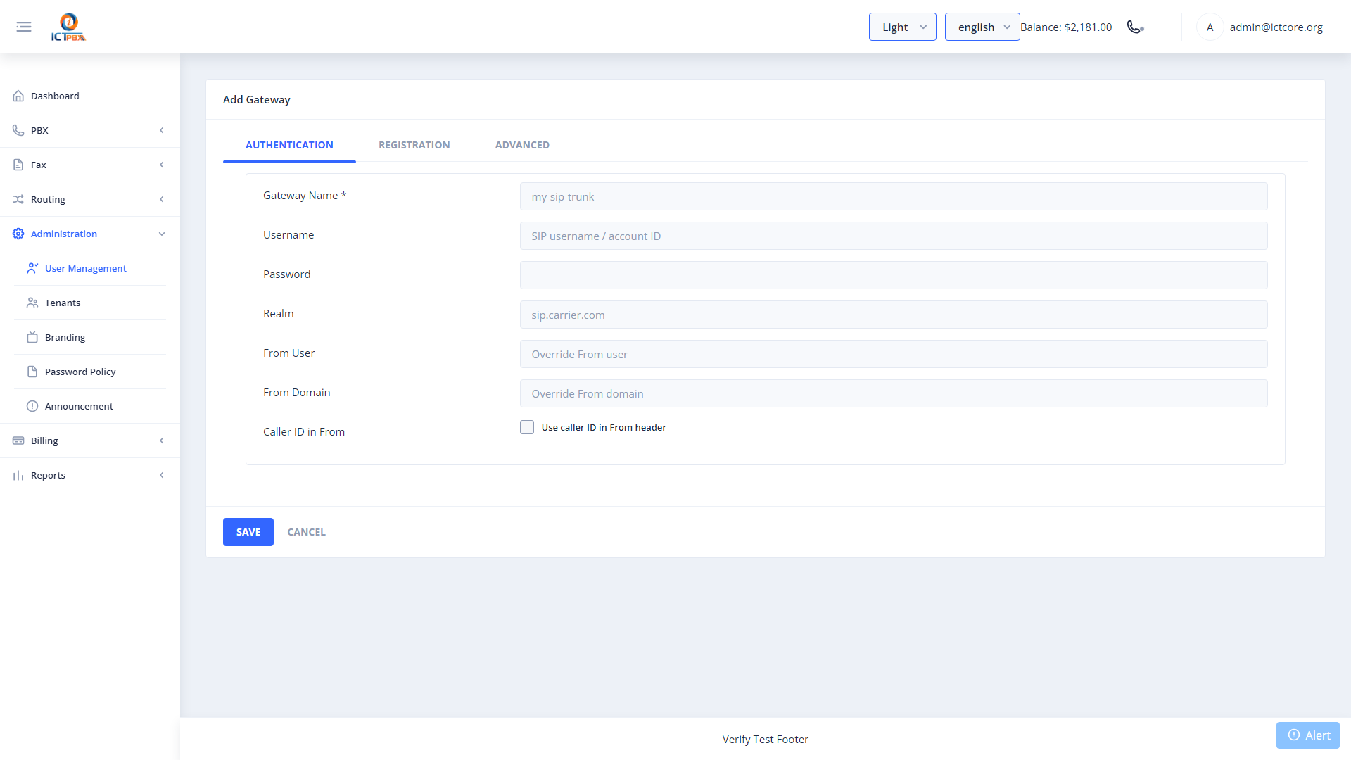 ICTPBX add SIP trunk form