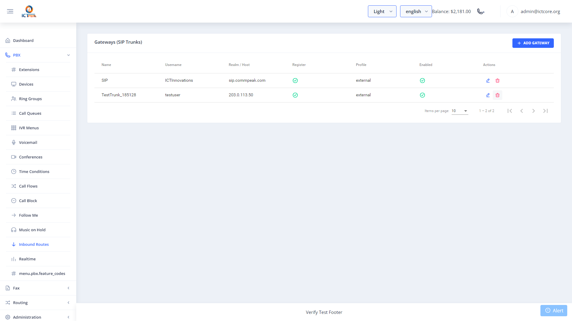 ICTPBX SIP trunks list