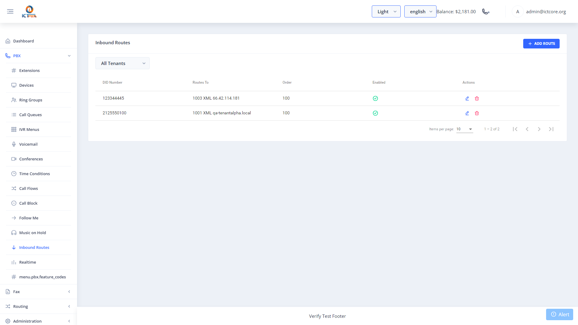 ICTPBX inbound routes list