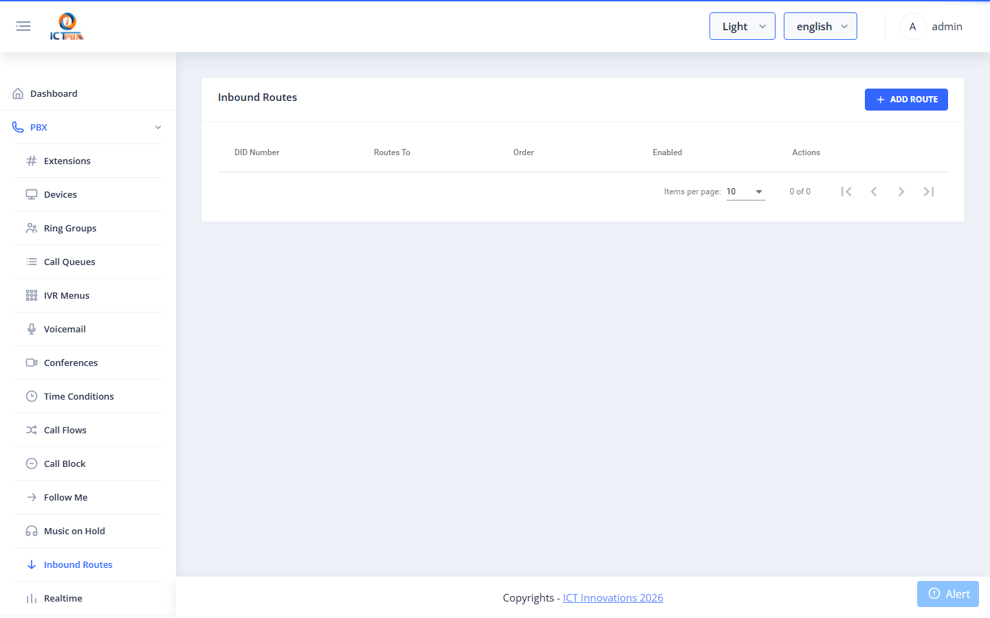 Inbound routes list