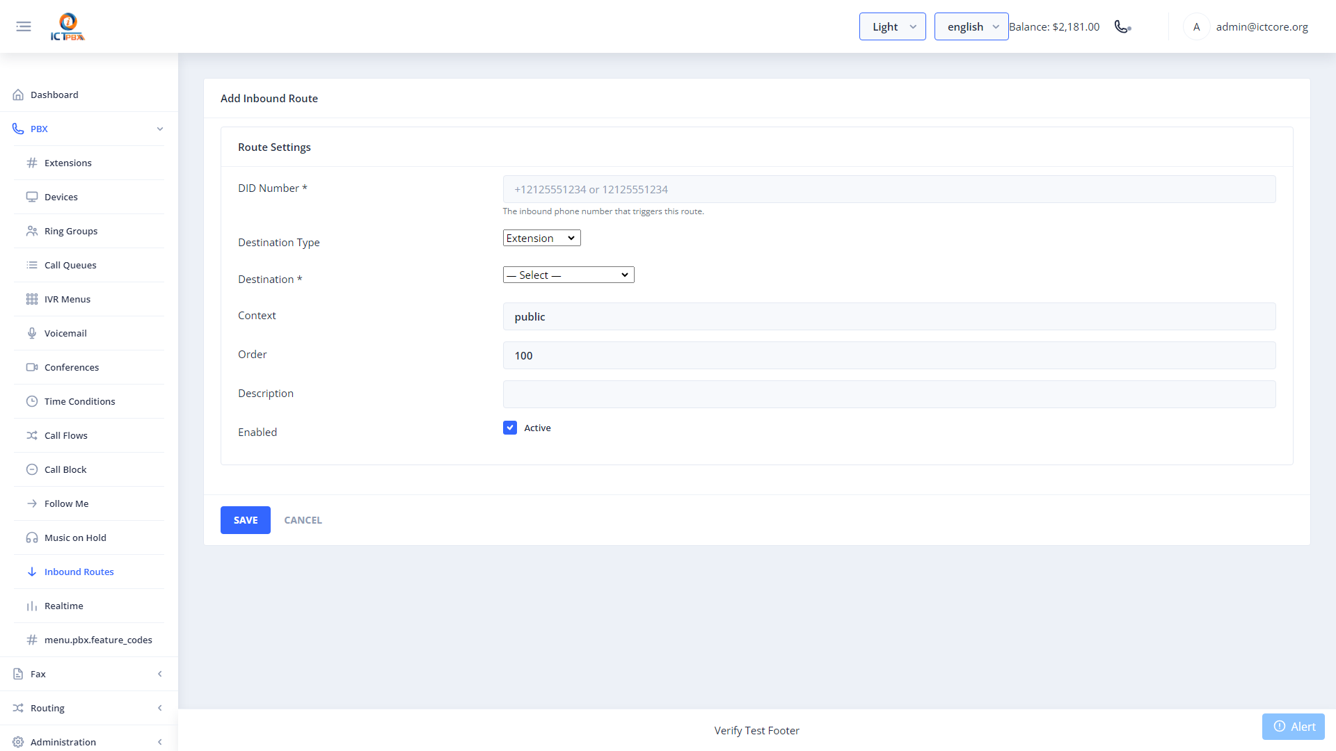 ICTPBX new inbound route form