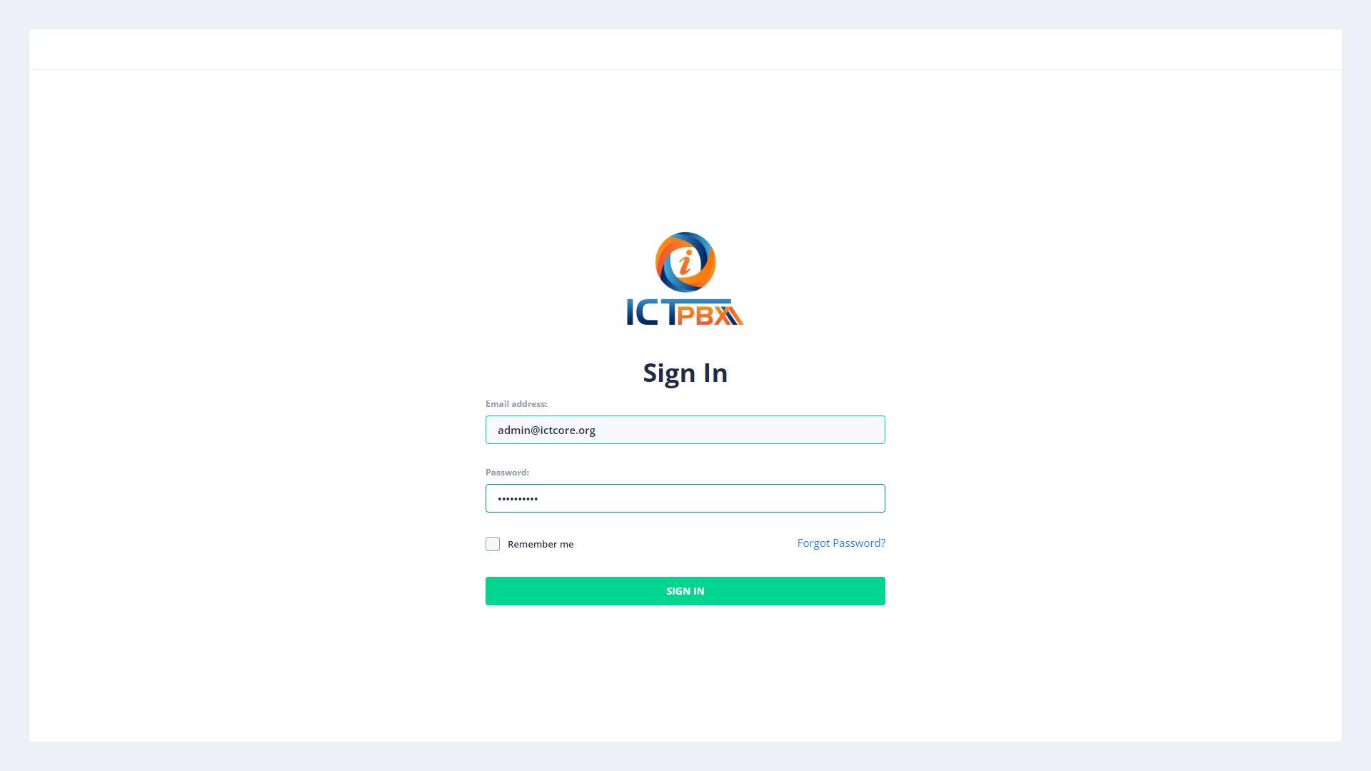 ICTPBX login with credentials entered