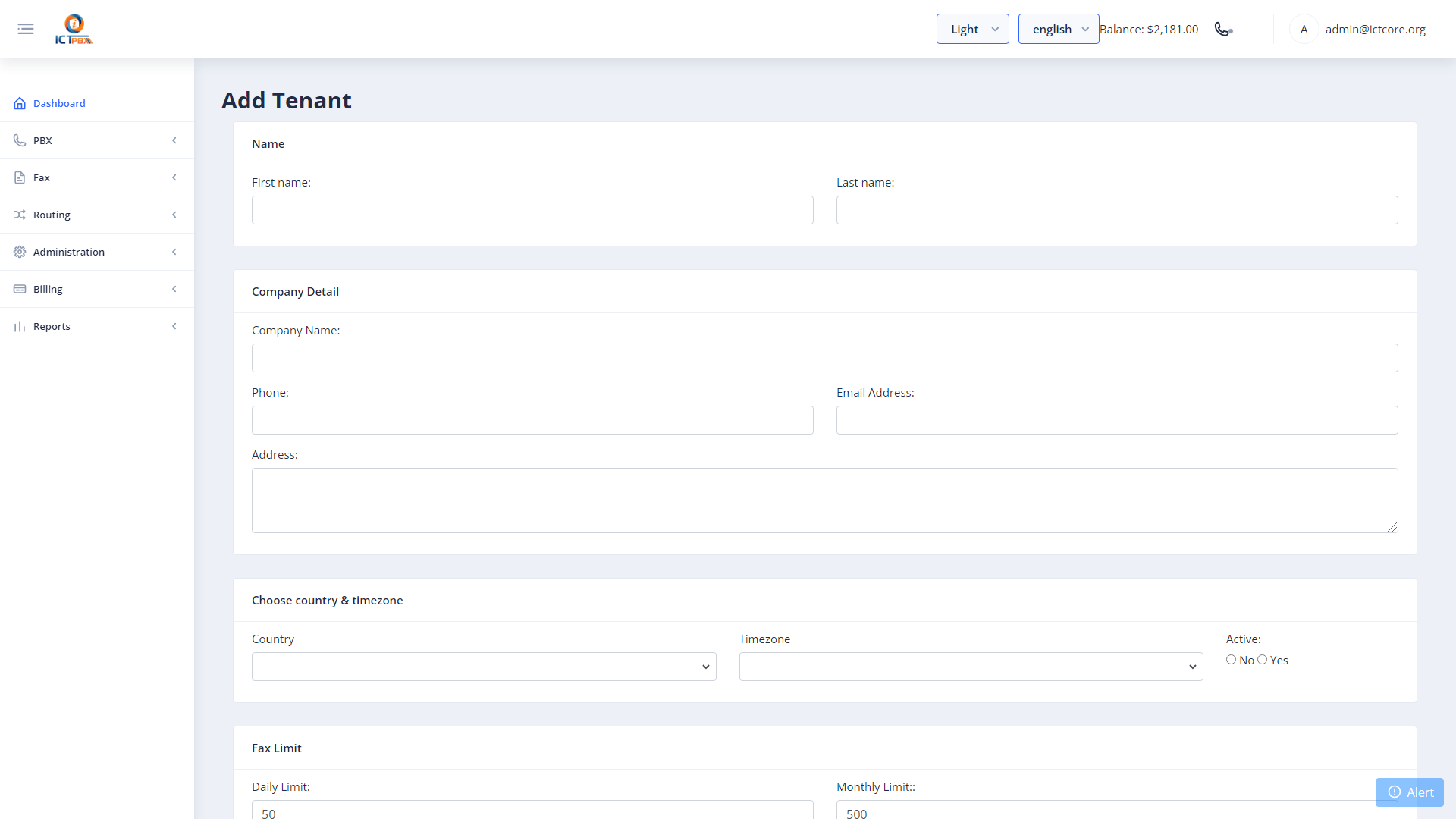 ICTPBX new tenant form