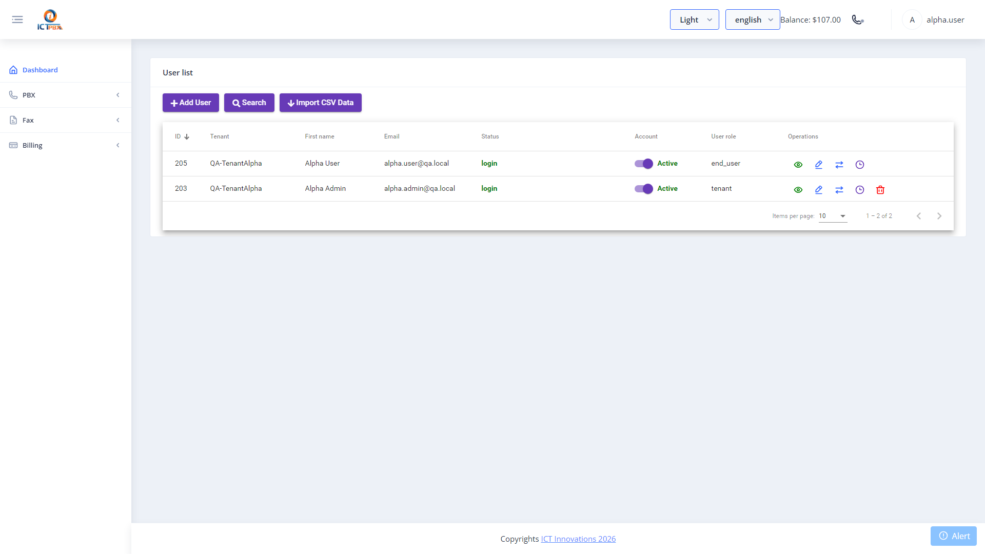 ICTPBX tenant admin scoped user list