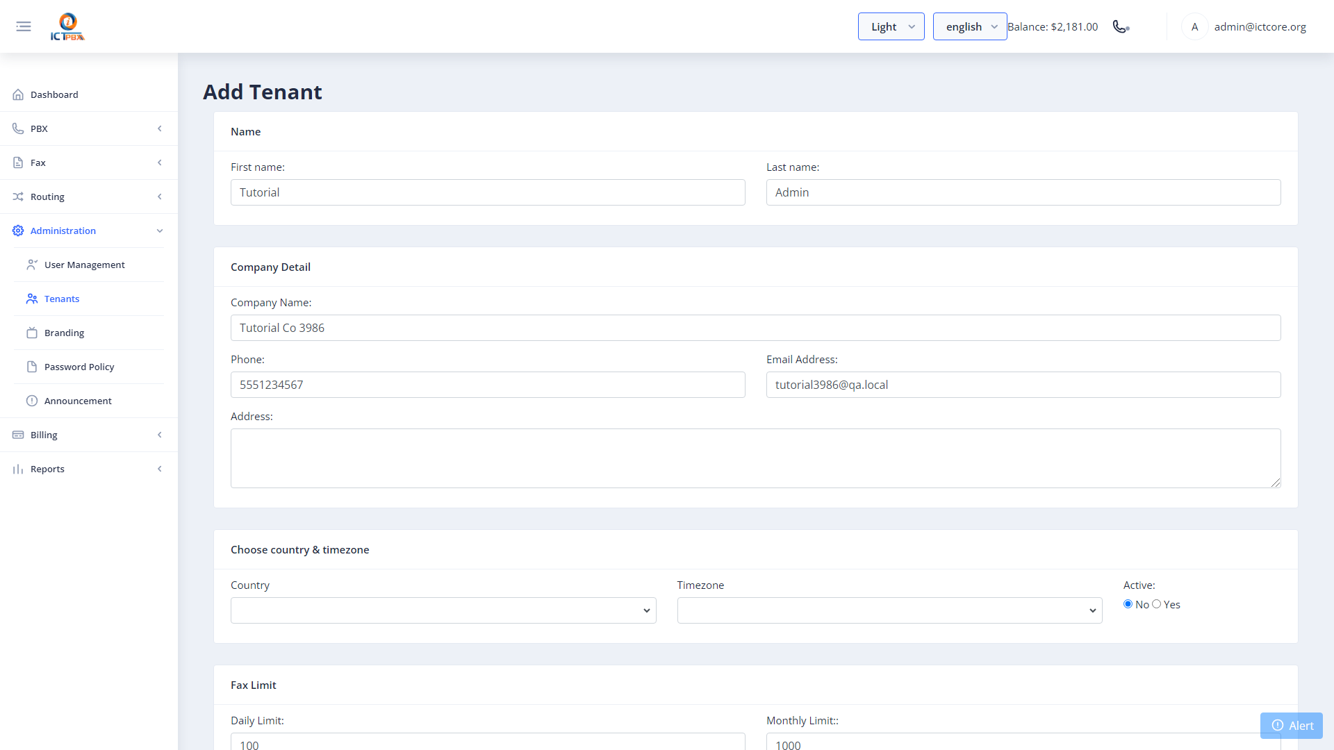 ICTPBX tenant edit form