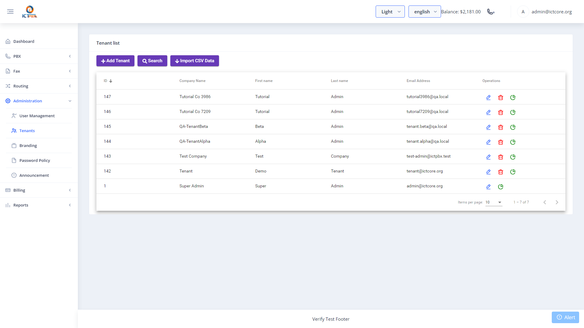ICTPBX tenant list