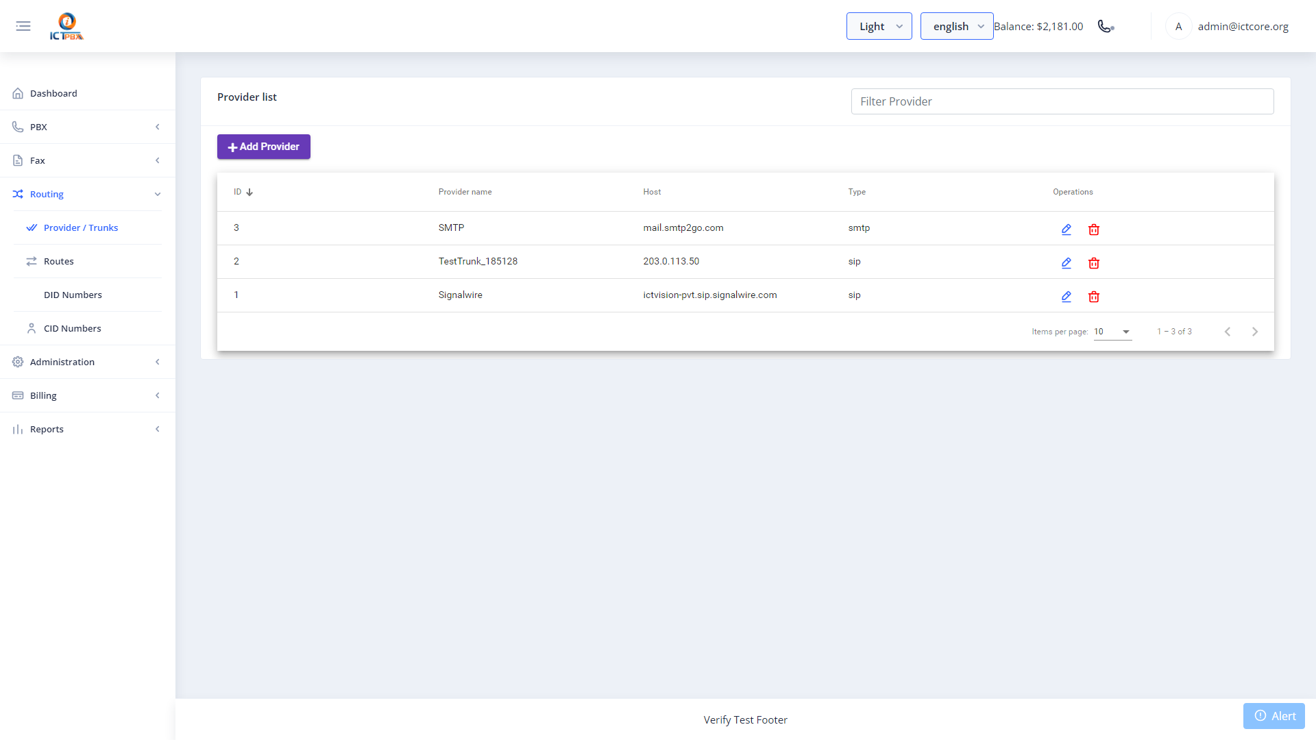 ICTPBX Super Admin SIP providers list