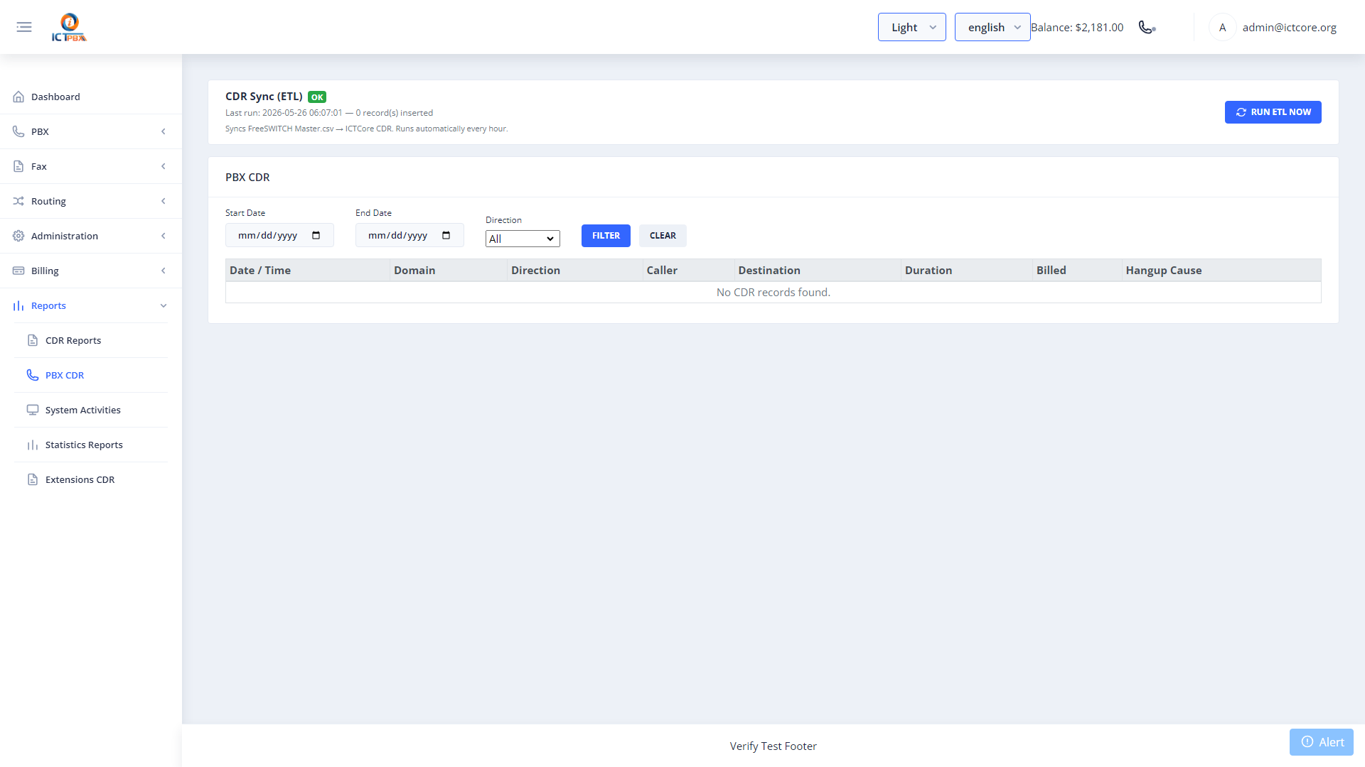 ICTPBX PBX CDR call detail records from FreeSWITCH