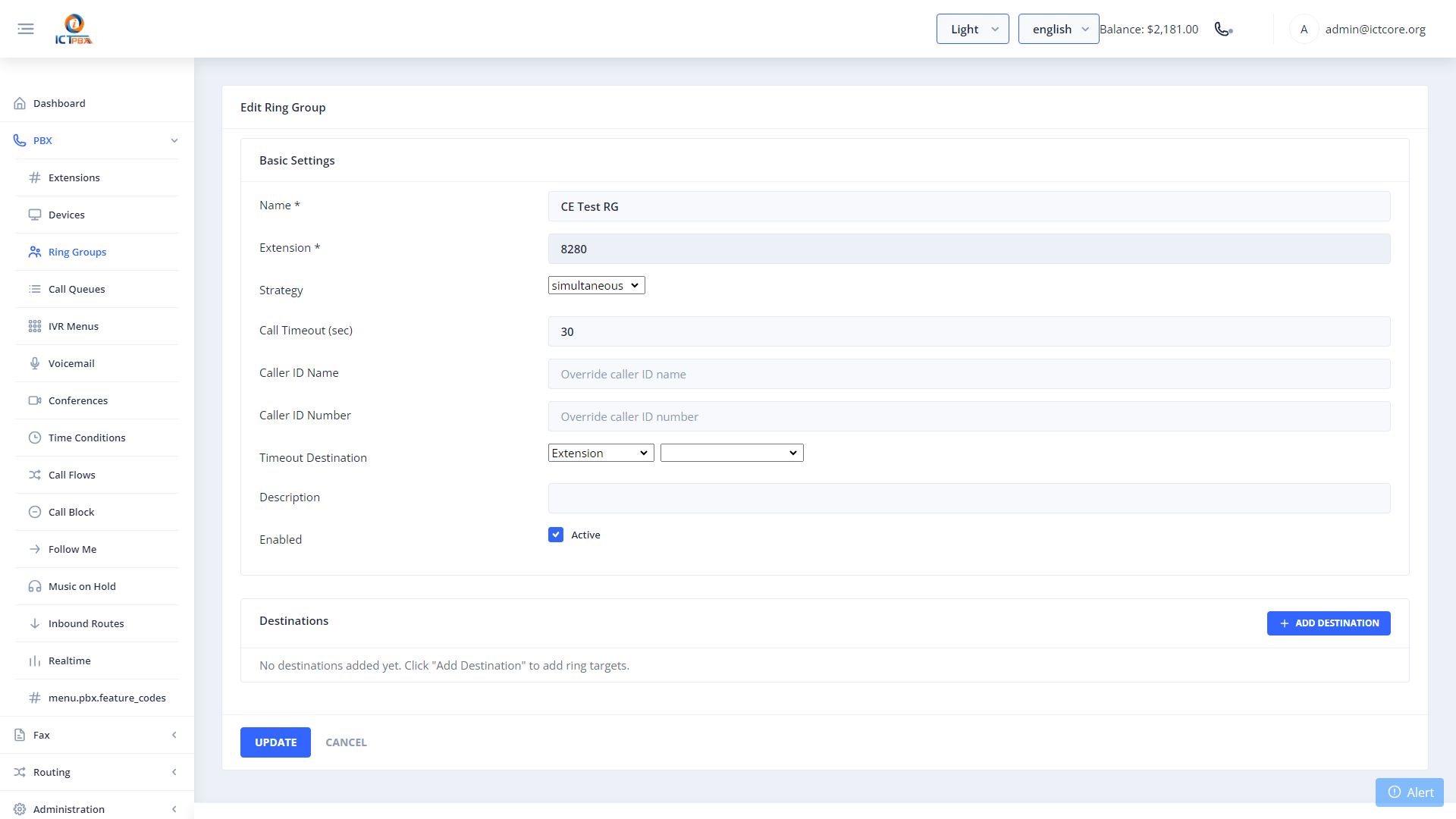 ICTPBX ring group edit form showing member extensions
