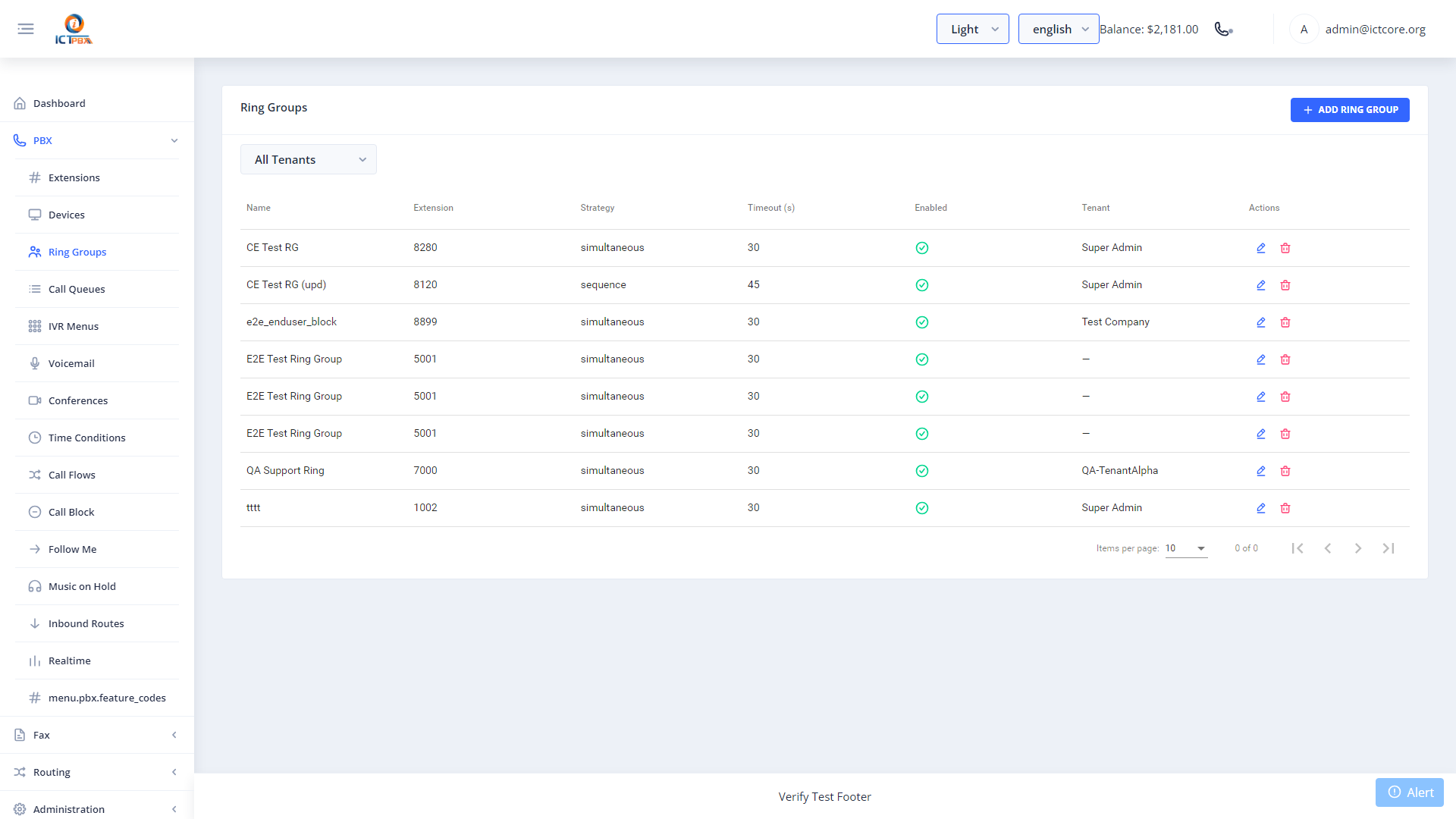ICTPBX ring groups list