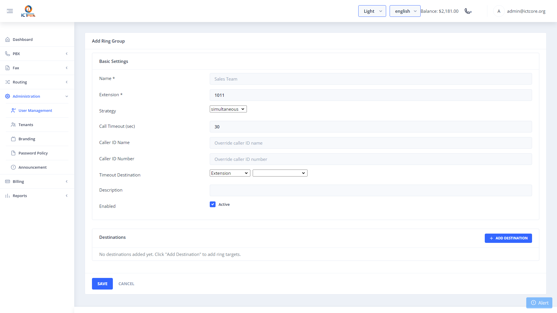 ICTPBX new ring group form