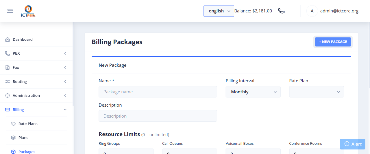 ICTPBX new service package form