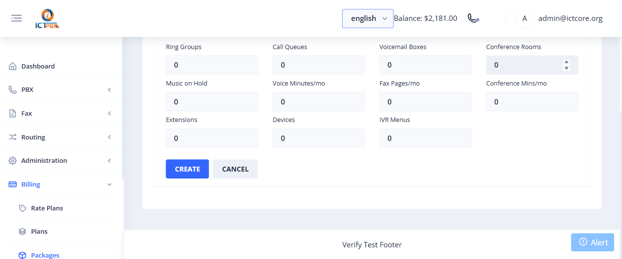 ICTPBX package resource limits form
