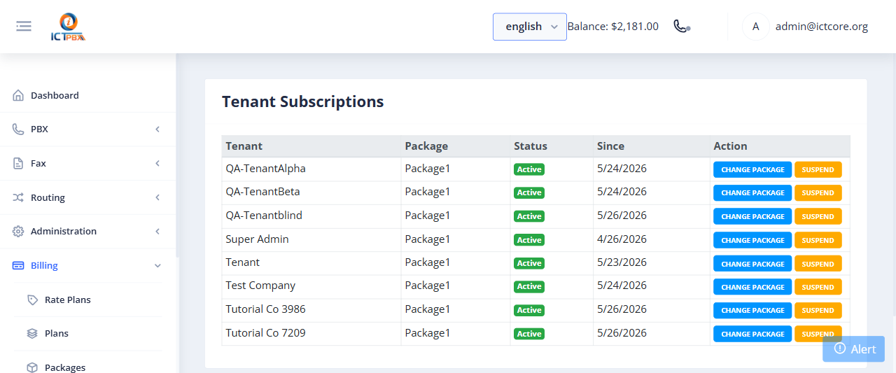 ICTPBX tenant subscriptions list