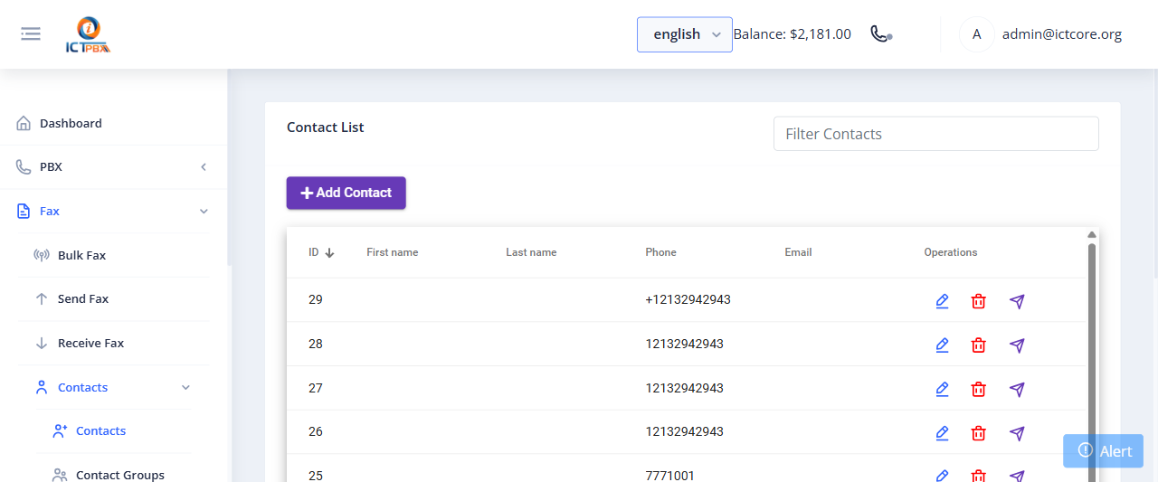 Fax contacts list