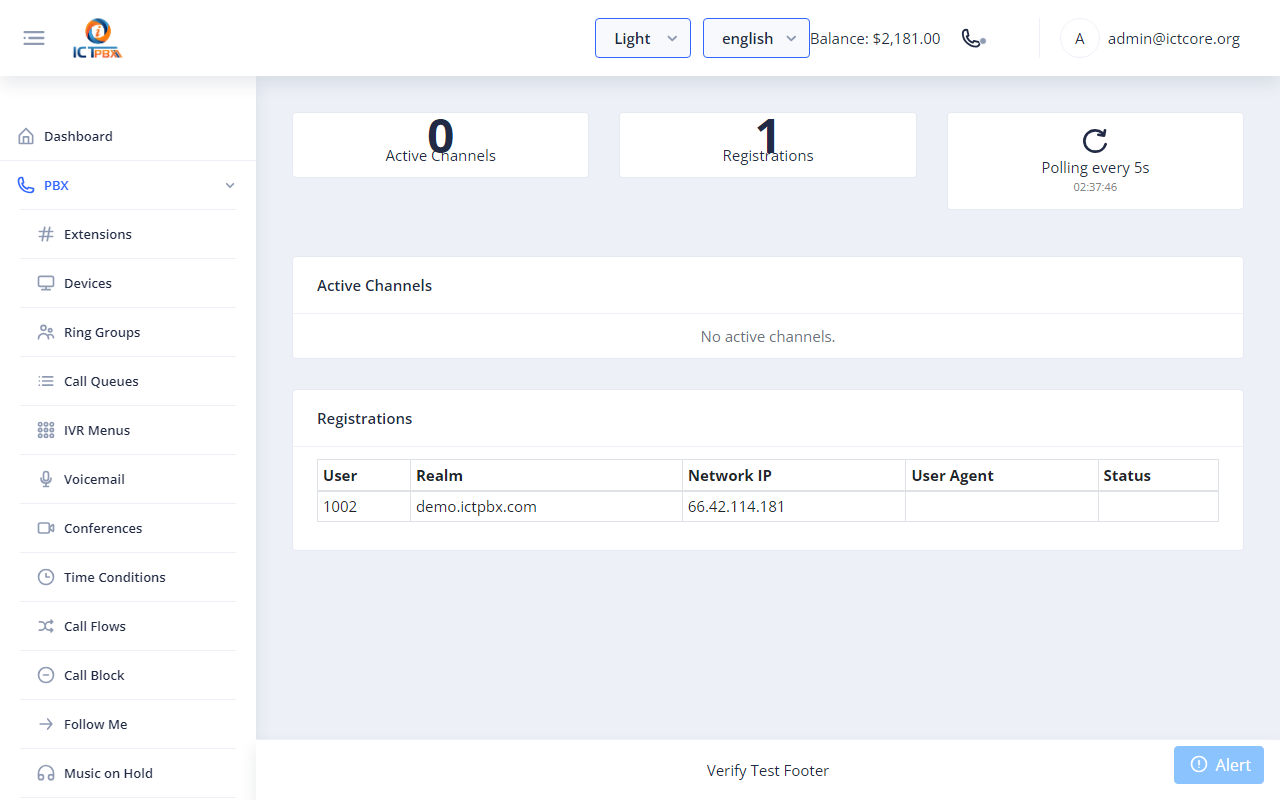 ICTPBX realtime monitor showing active calls with transfer controls