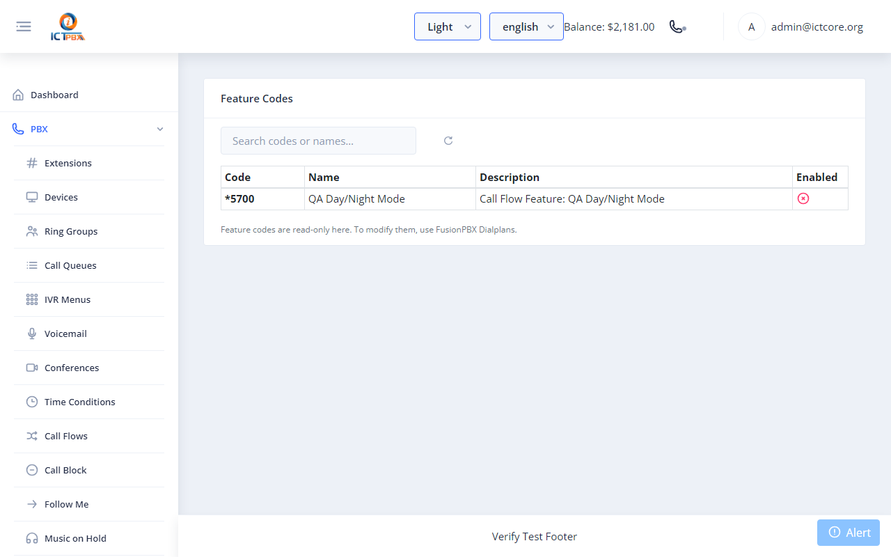 ICTPBX feature codes reference screen
