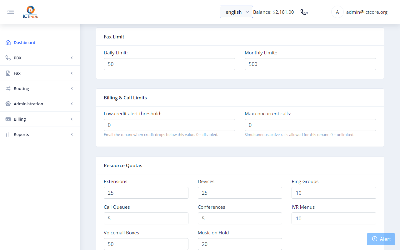 ICTPBX per-tenant fraud and credit limit fields