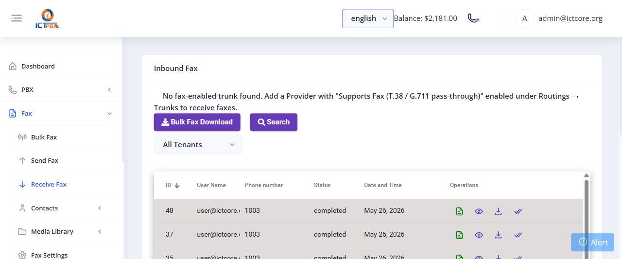 ICTPBX inbound fax admin view showing all received faxes
