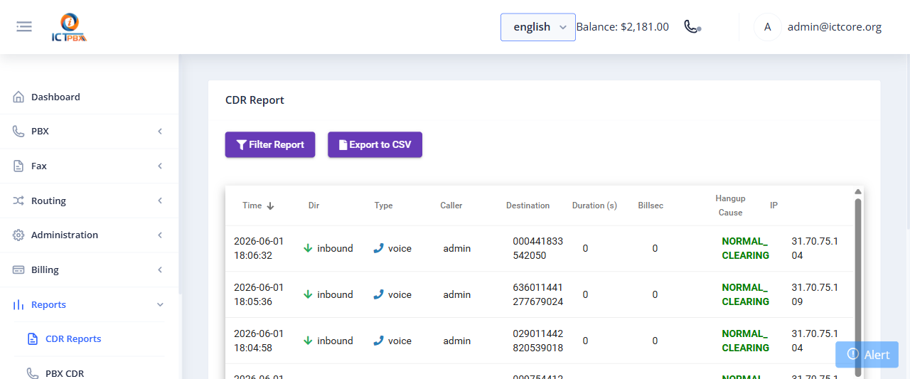 ICTPBX ICTCore call detail records