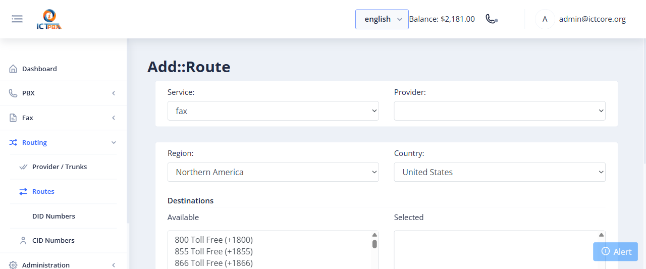 Add Route form with destination picker